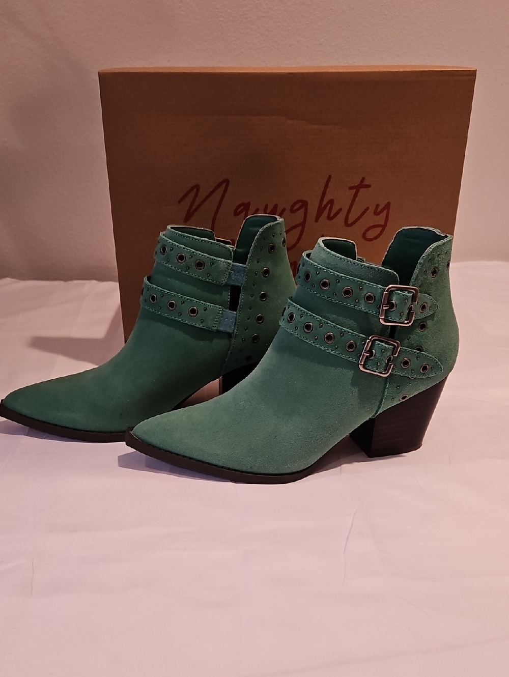Green Suede Double-Buckle Ankle Booties By Naughty Monkey